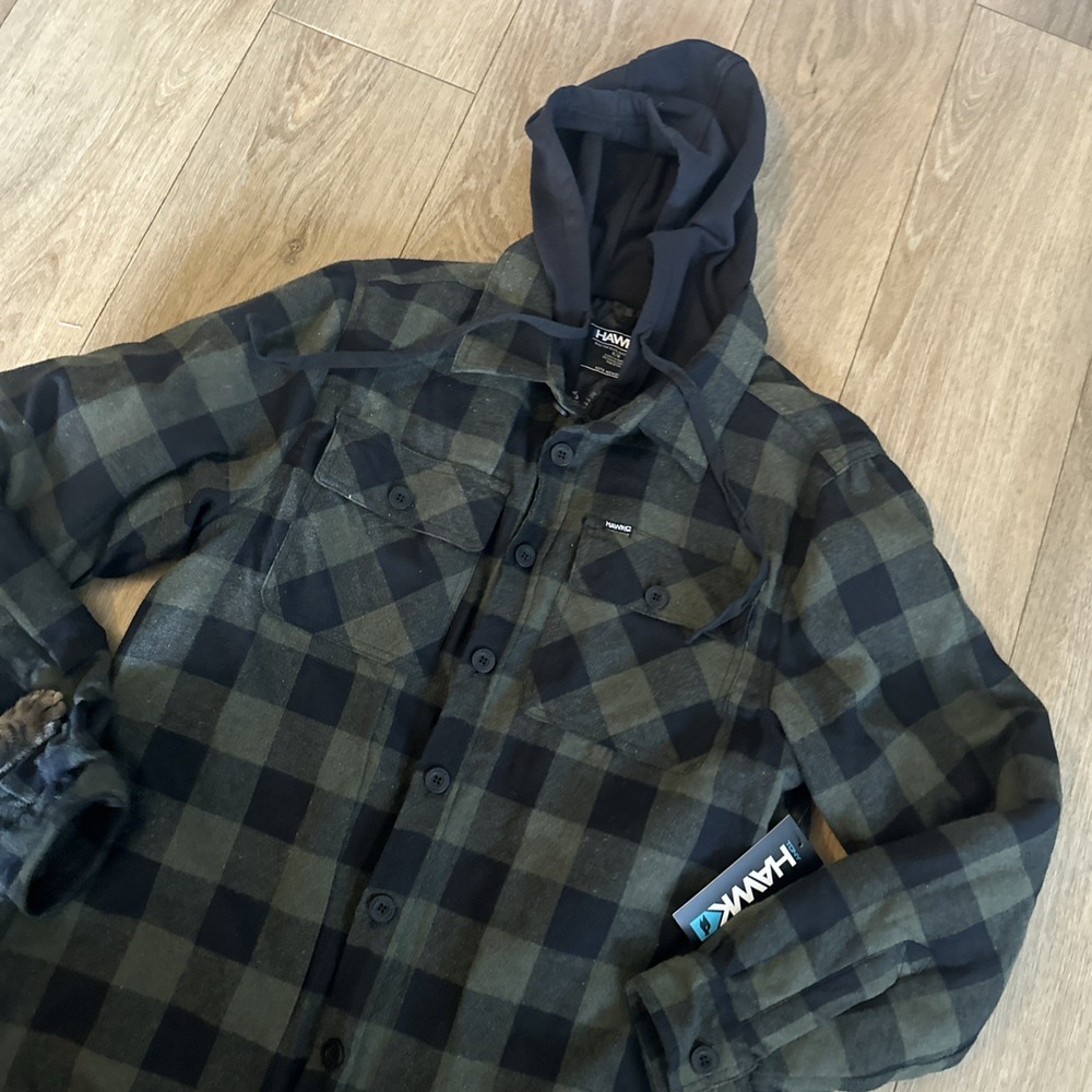 Tony Hawk Flannel Hoodie Jacket Coat Men's Quilted  Green Buffalo Plaid Medium